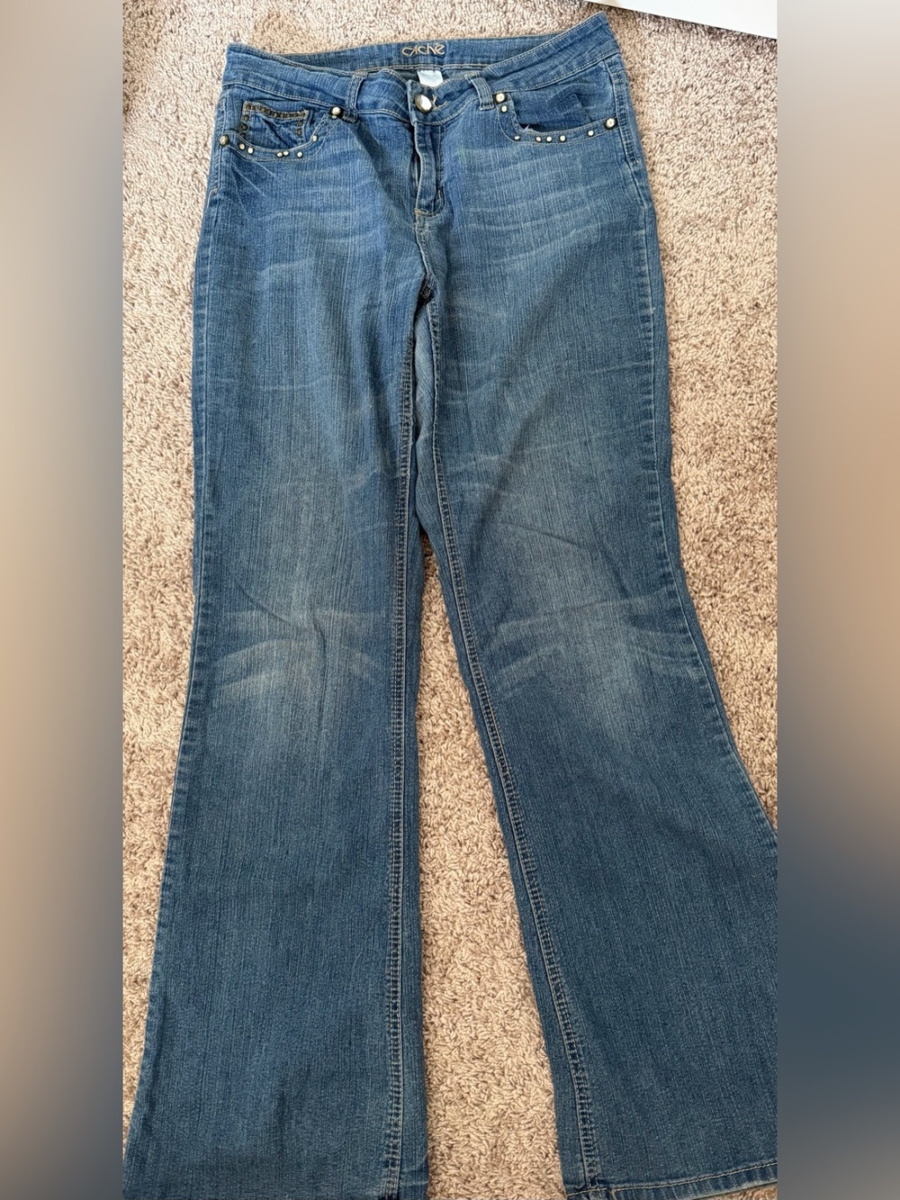 Cache Medium Blue Flare Jeans with Stud Accents